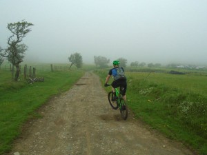 Tom starting the Llechrydau farm descent.